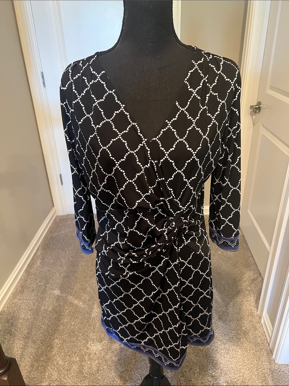 White House Black Market Black & White Chain-Link Wrap Dress with Blue Trim
